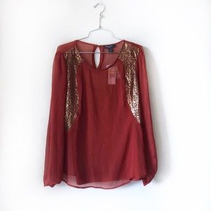 NWT Nine West Sequined Sheer Long Sleeve Top - Med